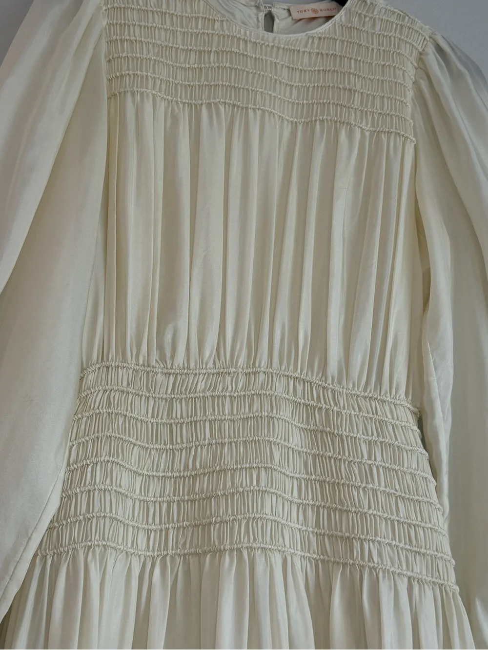 Tory Burch Runway Corded Smocked Silk Midi Dress Ivory Long Sleeve Size 6